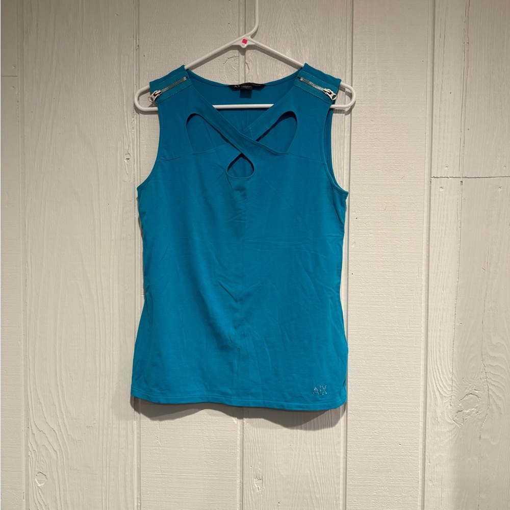 Armani Exchange Teal Sleeveless Tank Top-Cross Cutout Neck/Zipper Detail Size Lg